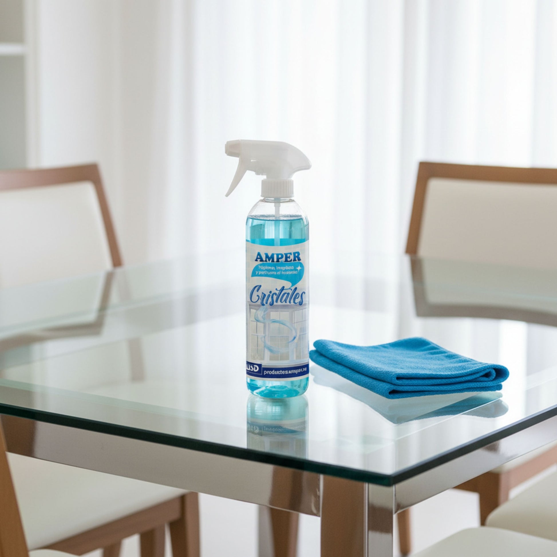 Botella de limpiacristales AMPER sobre mesa de cristal con bayeta de microfibra
