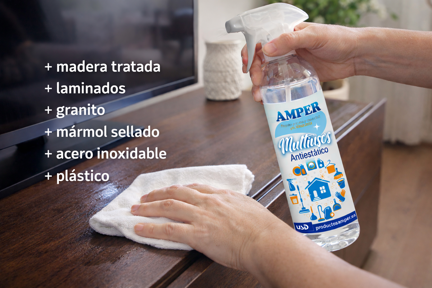 Limpiador para muebles multi-superficies con acabado brillante y sin marcas en muebles de madera o lacados