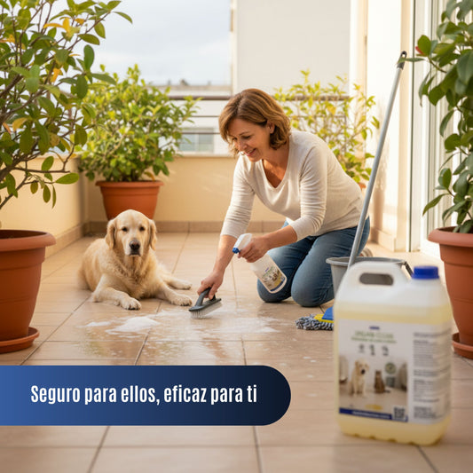 Persona limpiando terraza de casa con ORGANIC CLEAN mientras un perro descansa cerca. Escena familiar que transmite seguridad, limpieza y sostenibilidad.