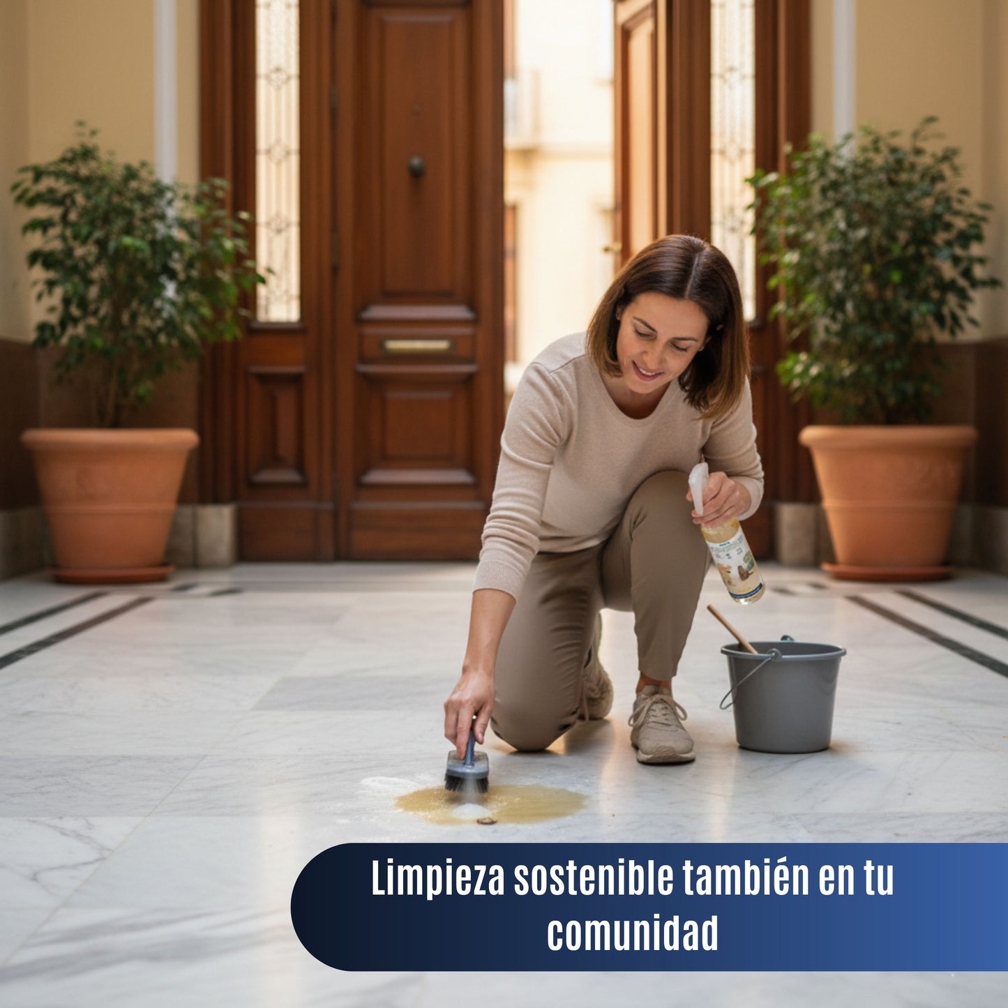 Vecina limpiando la entrada de un edificio residencial con ORGANIC CLEAN, usando cubeta y cepillo sobre suelo de gres, ideal para zonas comunes.