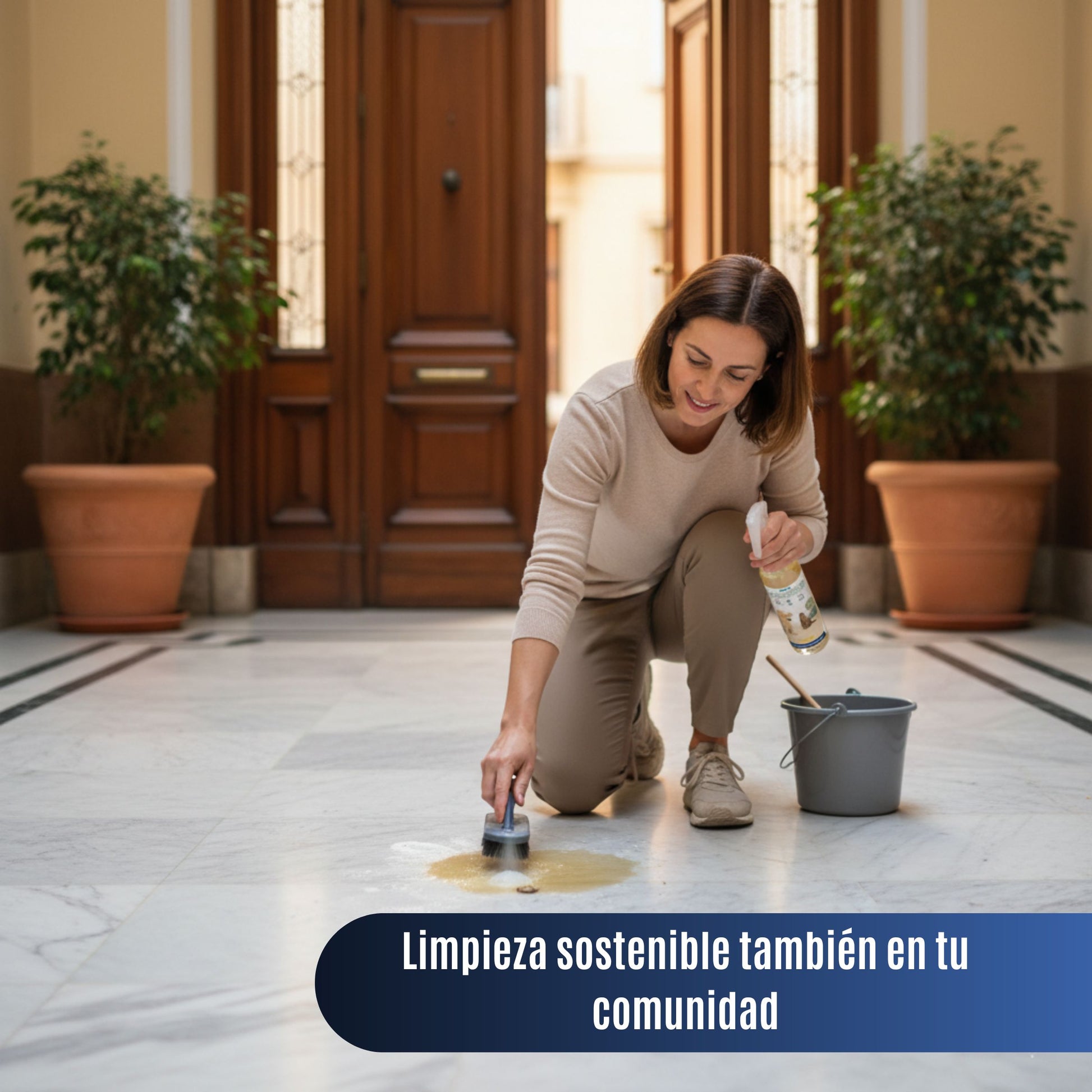 Vecina limpiando la entrada de un edificio residencial con ORGANIC CLEAN, usando cubeta y cepillo sobre suelo de gres, ideal para zonas comunes.