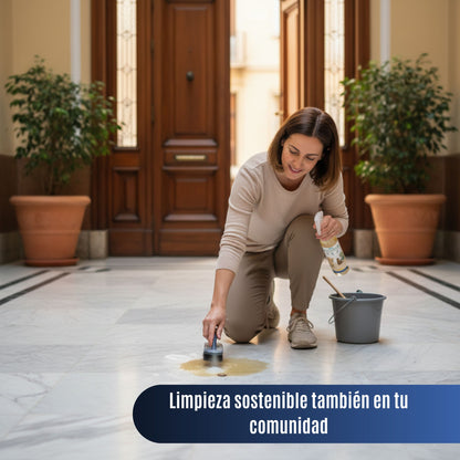 Vecina limpiando la entrada de un edificio residencial con ORGANIC CLEAN, usando cubeta y cepillo sobre suelo de gres, ideal para zonas comunes.