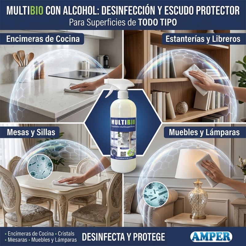 MULTIBIO AMPER limpiador multiusos con bioalcohol para cristales, azulejos, metacrilato y superficies esmaltadas con secado rápido y brillo sin marcas.