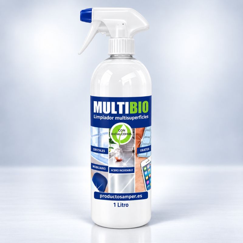 Botella de 1 litro de MULTIBIO limpiador multisuperficies con bioalcohol y pulverizador