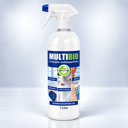 Botella de 1 litro de MULTIBIO limpiador multisuperficies con bioalcohol y pulverizador