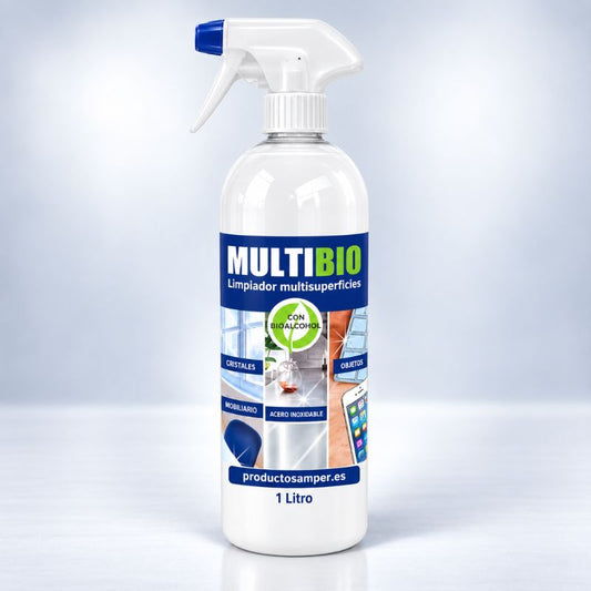 Botella de 1 litro de MULTIBIO limpiador multisuperficies con bioalcohol y pulverizador