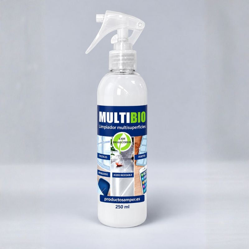 Botella de 250 ml de MULTIBIO limpiador multisuperficies con bioalcohol y pulverizador