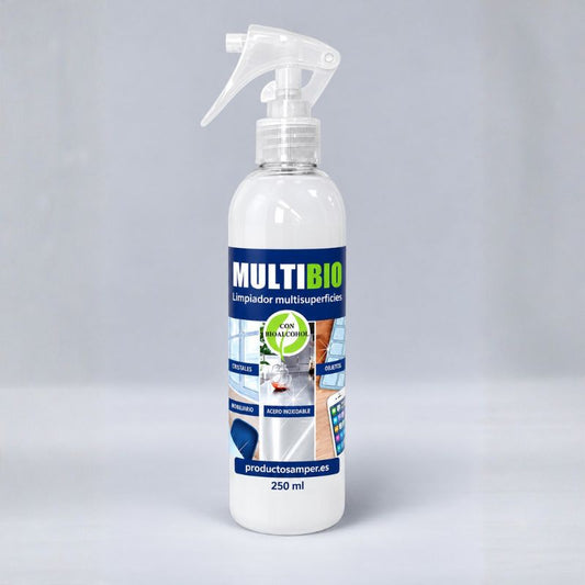 Botella de 250 ml de MULTIBIO limpiador multisuperficies con bioalcohol y pulverizador