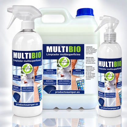 MULTIBIO limpiador multisuperficies con bioalcohol en formato pulverizador y garrafa de 5 litros