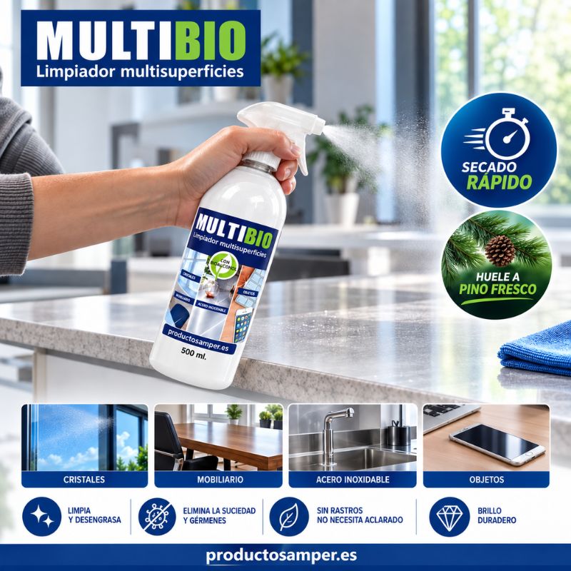 Aplicación de MULTIBIO limpiador multisuperficies con pulverizador, secado rápido y aroma a pino fresco