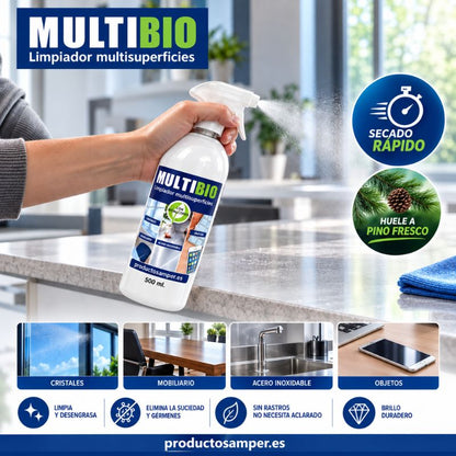 Aplicación de MULTIBIO limpiador multisuperficies con pulverizador, secado rápido y aroma a pino fresco