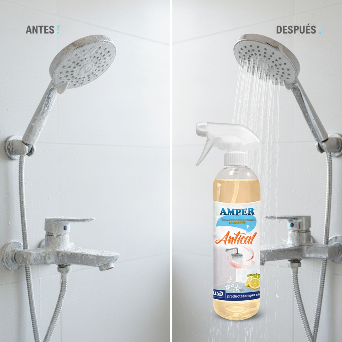 Mampara de ducha de cristal antes y después de limpiar la cal con antical AMPER