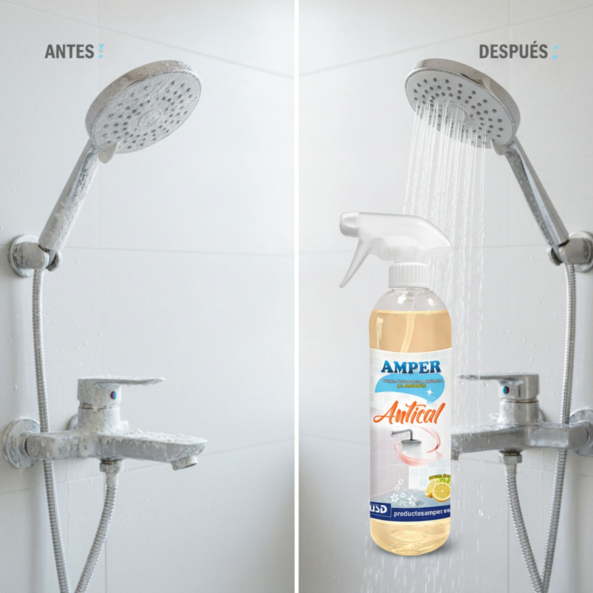 Mampara de ducha de cristal antes y después de limpiar la cal con antical AMPER