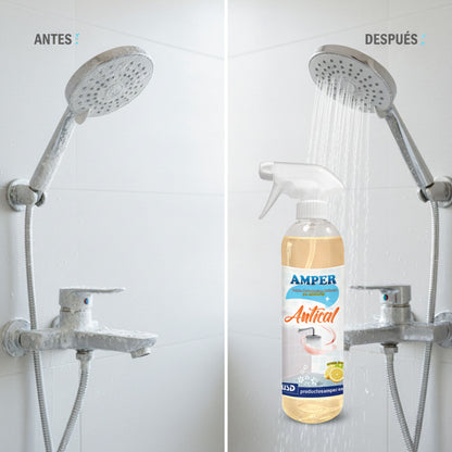 Mampara de ducha de cristal antes y después de limpiar la cal con antical AMPER
