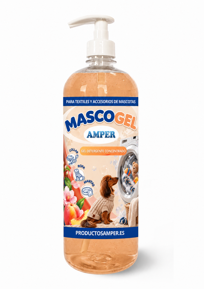 Detergente en Gel especial para Textiles y Accesorios en contacto con Mascotas | MASCOGEL | Limpia ropa, camas, mantas, collares, correas y accesorios textiles de perros y gatos, dejando un agradable aroma a Flor de Melocotón.