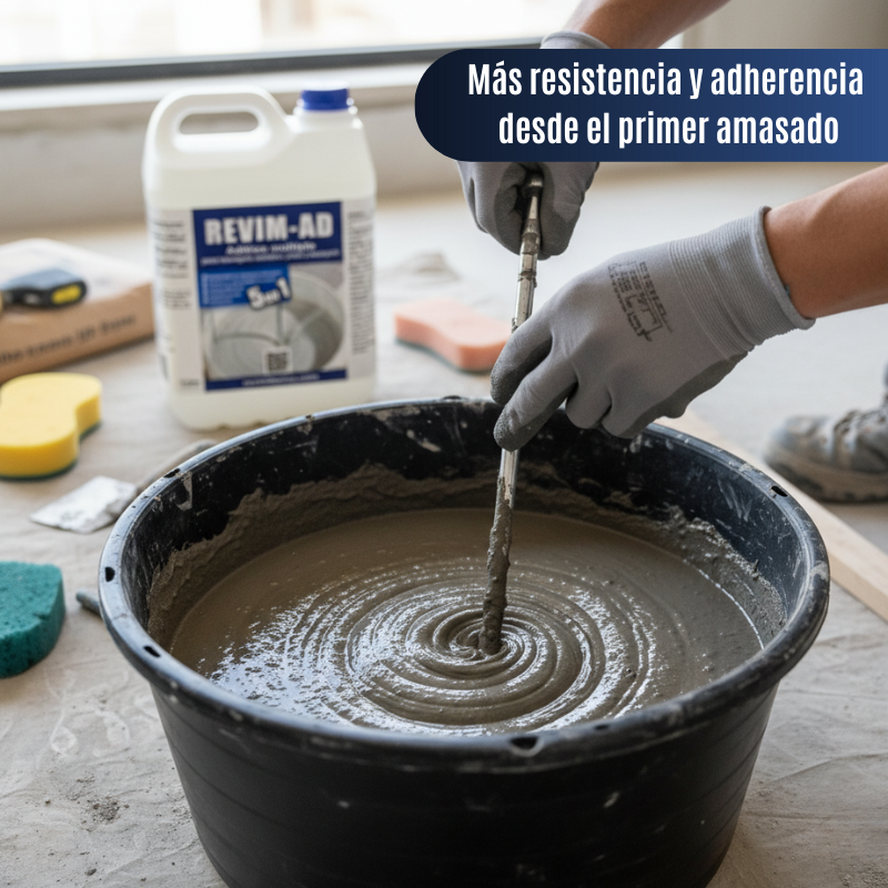 Obrero aplicando mortero fresco sobre una superficie de cemento antigua, demostrando el uso de REVIM-AD como puente de unión en reformas.