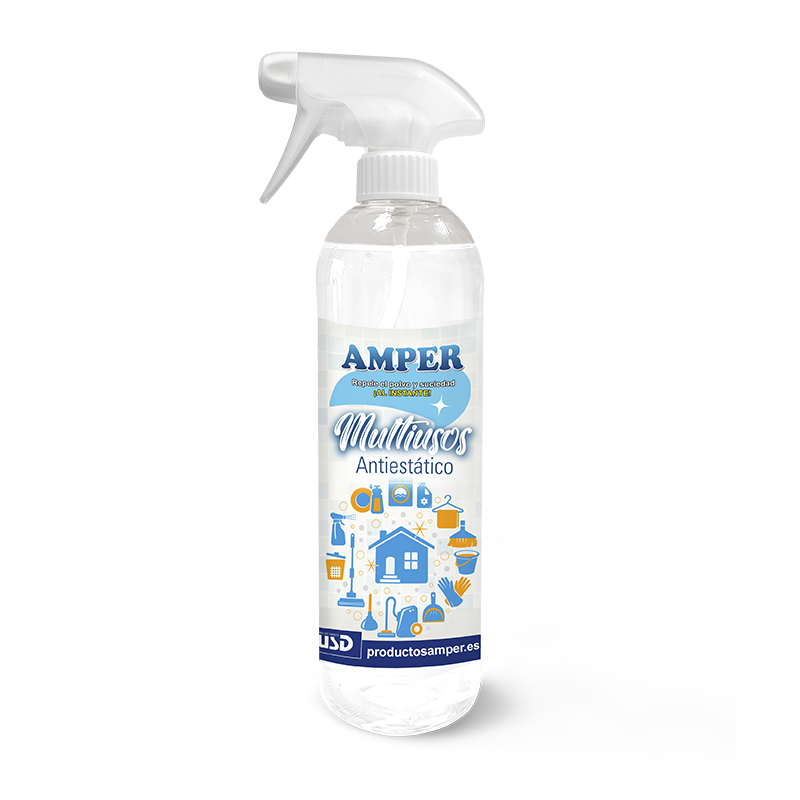 Limpiador Multiusos Antiestático AMPER 500 ml. Limpia, abrillanta y repele el polvo en muebles, superficies y electrodomésticos.