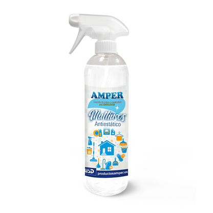 Limpiador Multiusos Antiestático AMPER 500 ml. Limpia, abrillanta y repele el polvo en muebles, superficies y electrodomésticos.
