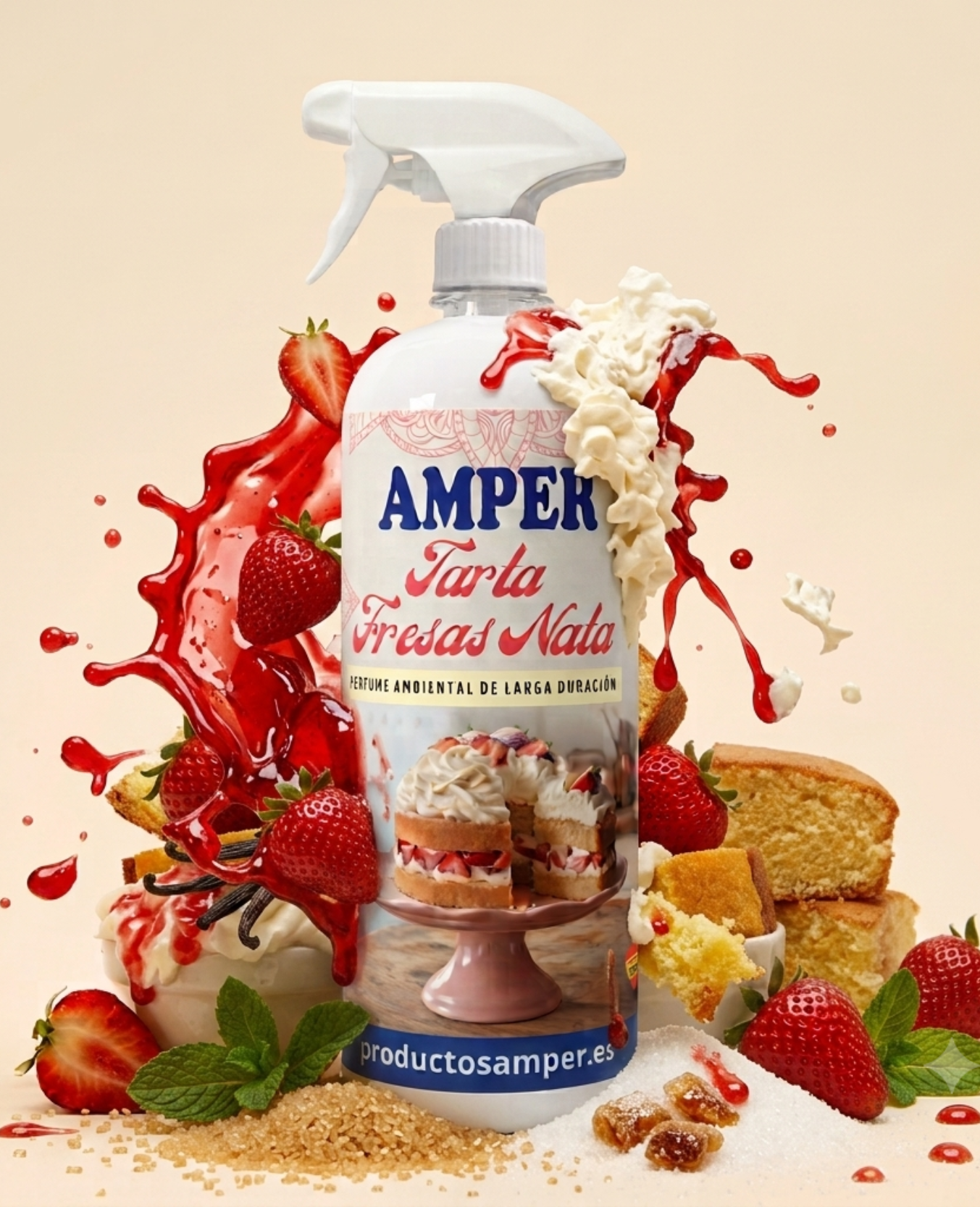 Ambientador Amper Tarta de Fresas con Nata con fresas silvestres, bizcocho dorado y nata montada.