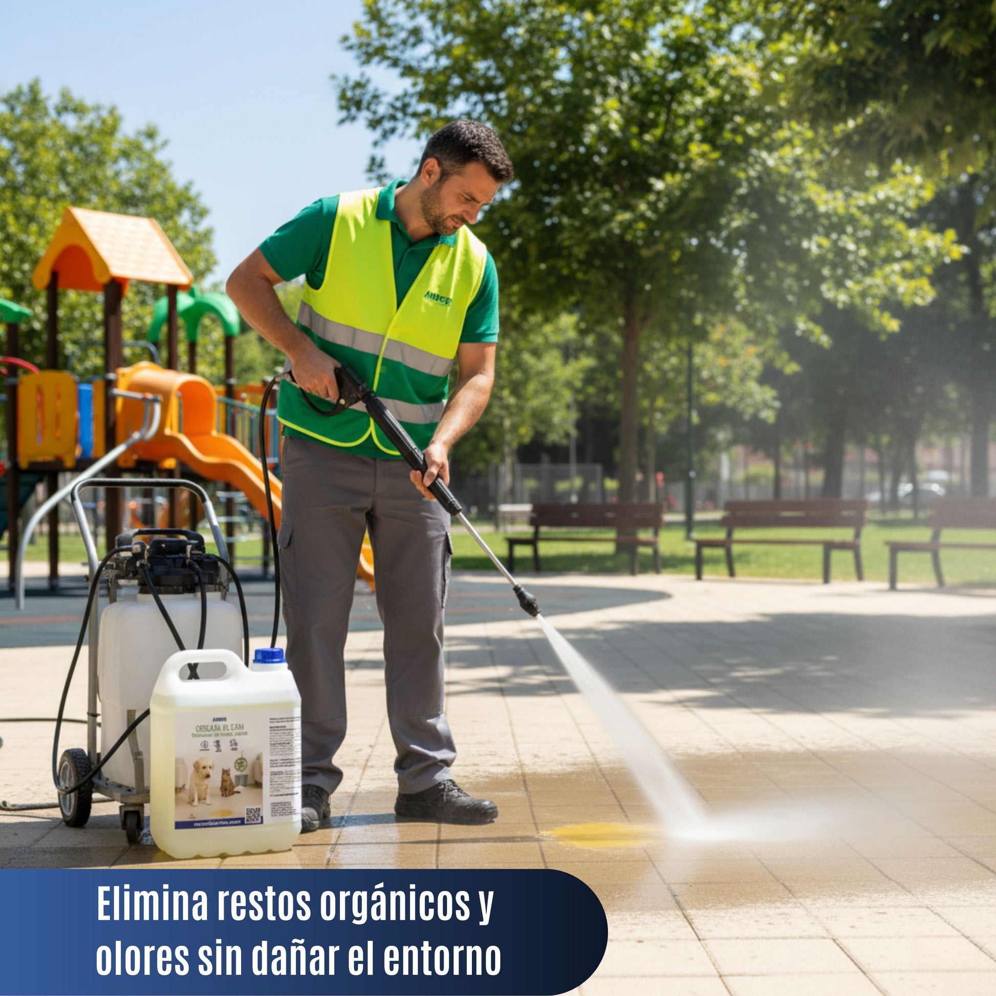 Operario limpiando suelo de parque infantil con ORGANIC CLEAN, eliminando restos orgánicos y orina de mascotas en zona de juegos, ambiente seguro y sostenible.
