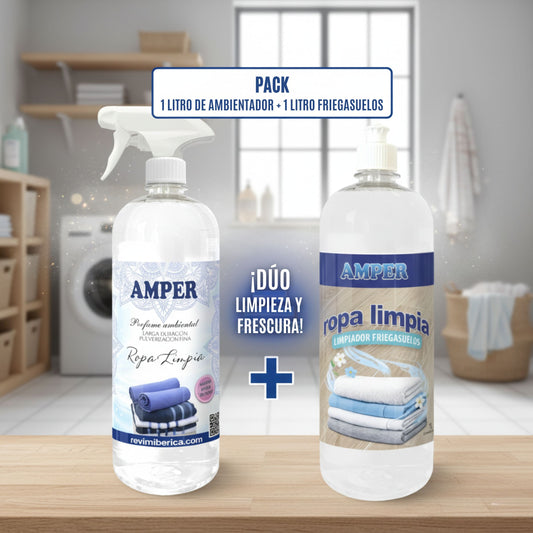 Pack Ambientador + Fregasuelos del mismo aroma – Ropa Limpia, Marsella o Talco | AMPER