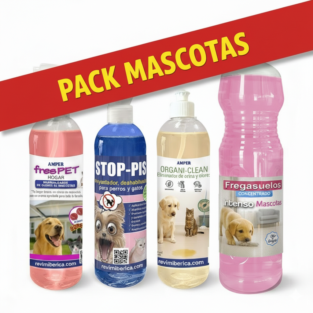 pack de productos para limpieza de hogares donde habitan mascotas con un ambientador, un eliminador de orina, un limpiador de orines y heces y un fregasuelo especial para mascotas