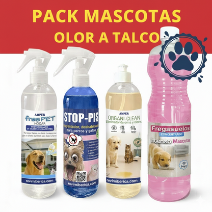 pack de productos para limpieza de hogares donde habitan mascotas con un ambientador, un eliminador de orina, un limpiador de orines y heces y un fregasuelo especial para mascotas