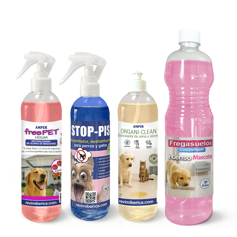 Pack limpieza para mascotas – 4 PRODUCTOS para control de olores y orina en perros y gatos