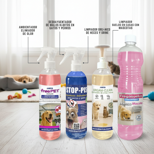 pack de productos para limpieza de hogares donde habitan mascotas con un ambientador, un eliminador de orina, un limpiador de orines y heces y un fregasuelo especial para mascotas