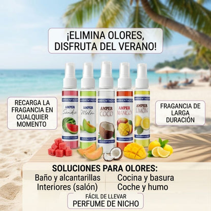 ambientador de spray de sandia, melon, coco, mango, limon fabricado en españa