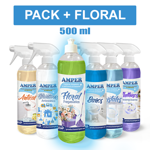 Pack de limpieza AMPER floral 500 ml con 6 productos esenciales para el hogar.