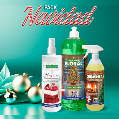 Pack navideño AMPER con ambientador, fregasuelos y limpiador de chimeneas en fondo verde, opciones de regalo para personas que le gusta la limpieza 