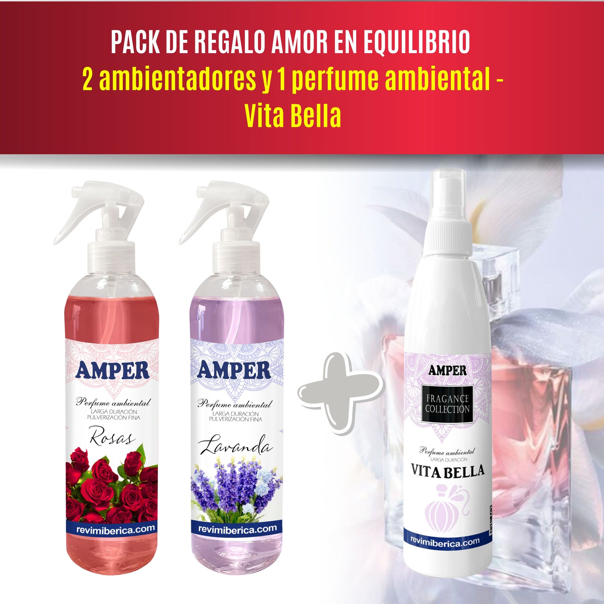 Pack regalo San Valentín AMPER con rosas, lavanda y perfume ambiental Vita Bella
