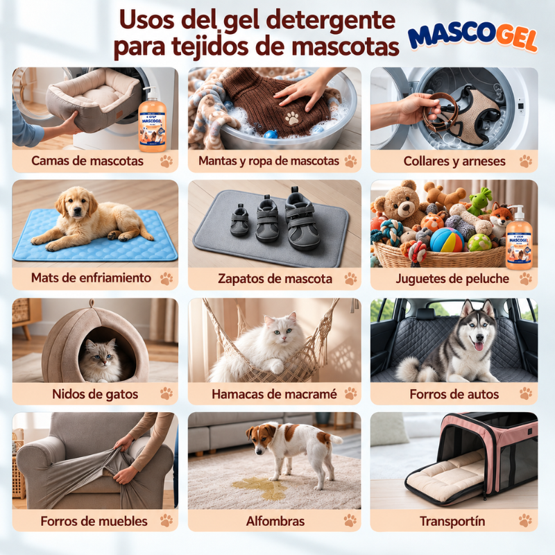 Usos de MASCOGEL para lavar camas, mantas, ropa y accesorios de mascotas. Ejemplos de textiles y accesorios lavables con MASCOGEL: camas, mantas, ropa, collares, arneses, alfombras, transportines y otros tejidos utilizados por mascotas.