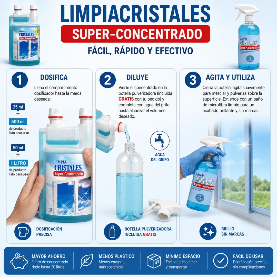 Limpiacristales Superconcentrado Profesional con Envase Dosificador para Diluciones Precisas | Limpia, Desengrasa y Abrillanta Cristales y Espejos