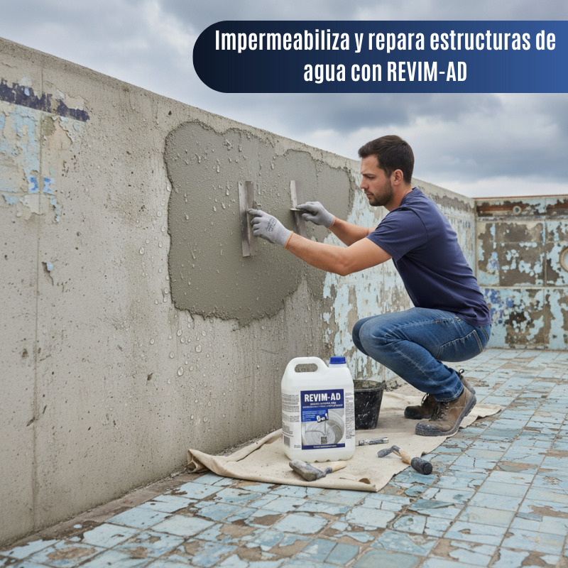 Piscina antigua en proceso de restauración estructural. Se aplica mortero tratado con REVIM-AD como base impermeable antes del revestimiento.