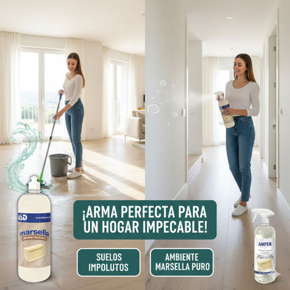 Pack Ambientador + Fregasuelos del mismo aroma – Ropa Limpia, Marsella o Talco | AMPER