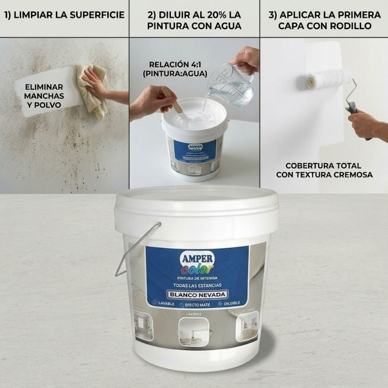 Pintura plástica al agua 4LITROS, efecto mate interior y exterior AMPER COLOR – Alta cubrición, lavable y de secado rápido