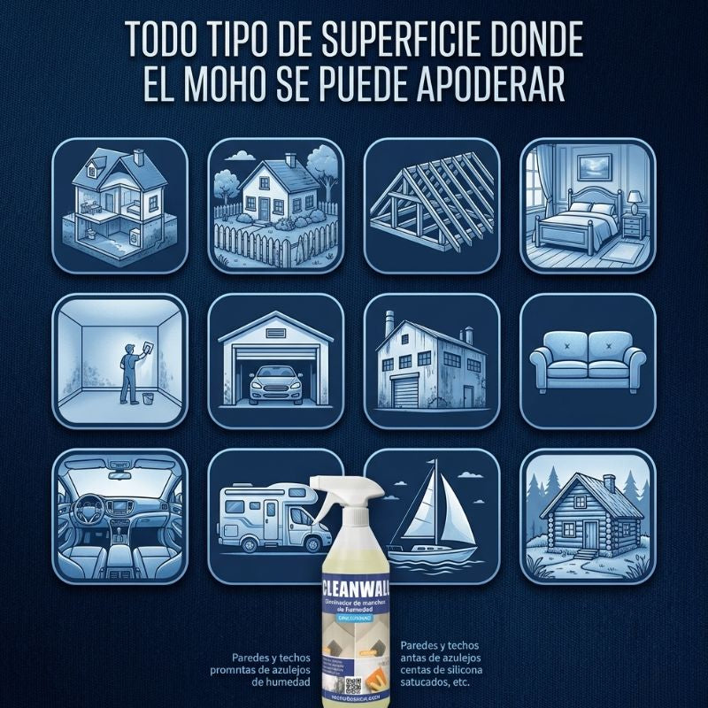 CLEAN WALL - Eliminador de manchas de humedad y hongos - Especial moho en Baños.