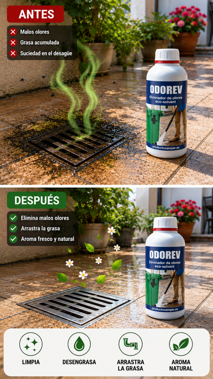 ODOREV| Desengrasante eliminador de Olores Tuberías, Bajantes, Desagües y Fosa Séptica Eco-Solvent