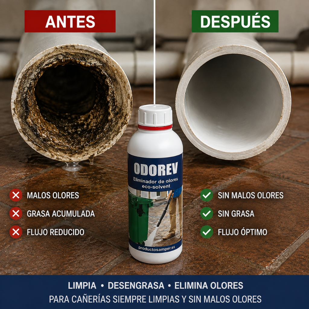 ODOREV| Desengrasante eliminador de Olores Tuberías, Bajantes, Desagües y Fosa Séptica Eco-Solvent