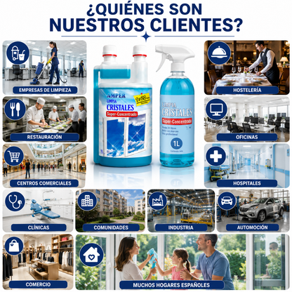 Limpiacristales Superconcentrado Profesional con Envase Dosificador para Diluciones Precisas | Limpia, Desengrasa y Abrillanta Cristales y Espejos