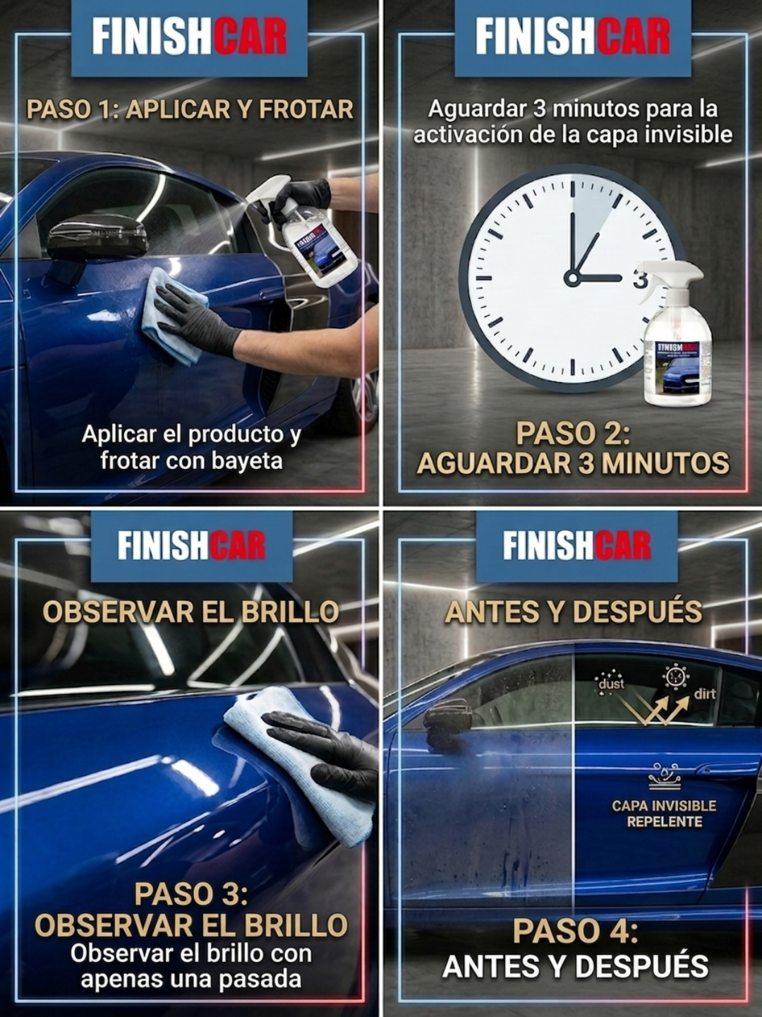 FINISH-CAR Limpiador Multiusos para Coche con Bioalcohol | Limpieza Interior y Exterior con Brillo Antiestático | Lavado en seco para automóviles