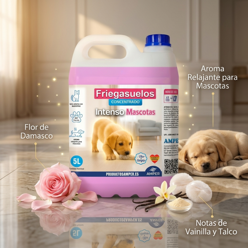 Fregasuelos perfumado concentrado AMPER Mascotas – Aroma limpio y floral - Eliminador de olores 1Litro