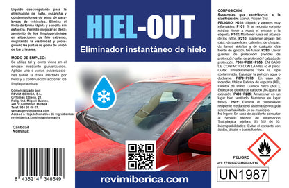 HIEL-OUT. Líquido descongelante para la eliminación de hielo, escarcha y condensaciones de agua de parabrisas de coches.