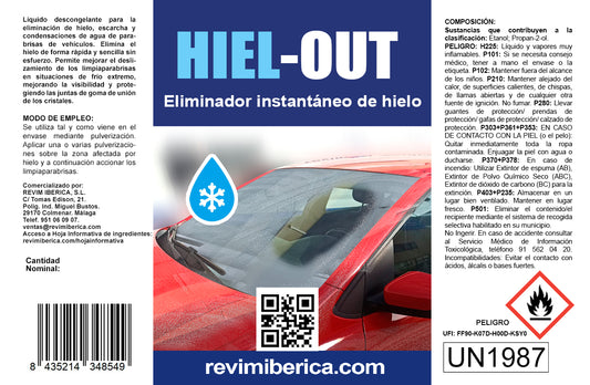 HIEL-OUT. Líquido descongelante para la eliminación de hielo, escarcha y condensaciones de agua de parabrisas de coches.