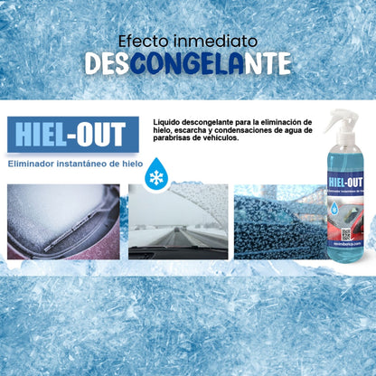 HIEL-OUT. Líquido descongelante para la eliminación de hielo, escarcha y condensaciones de agua de parabrisas de coches.