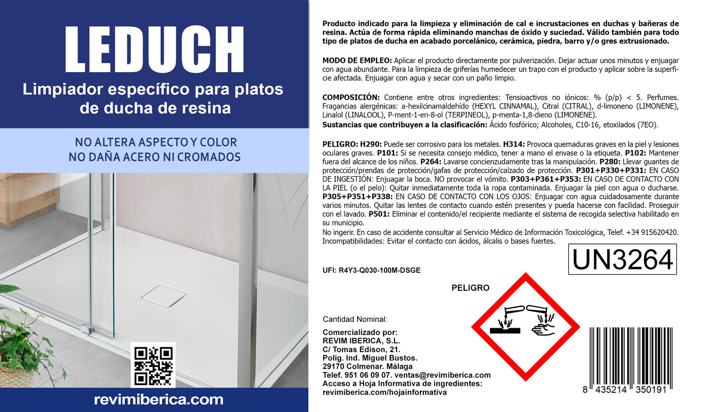 LEDUCH. Limpiador para platos de ducha de resina y superficies esmaltadas. Desoxidante para Baños.
