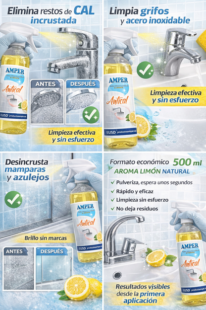Superficie de baño limpia, sin cal y brillante tras usar antical AMPER