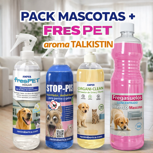 pack de productos para limpieza de hogares donde habitan mascotas con un ambientador, un eliminador de orina, un limpiador de orines y heces y un fregasuelo especial para mascotas